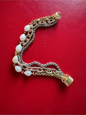 Gold & Silver Multi-Chain Bracelet with Peay Bead Accents Magnetic